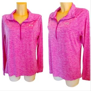 UNDER ARMOUR Bright Pink and White Marled Semi Fitted Long Sleeve Quarter Zip